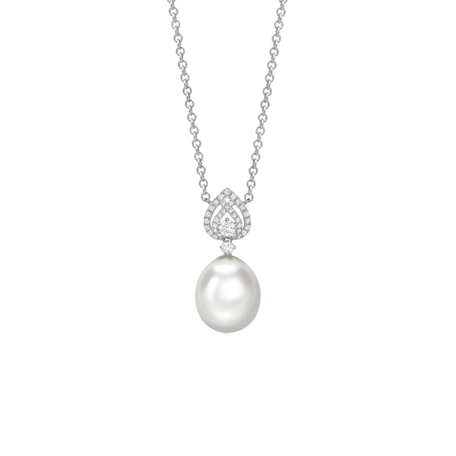 Pearls 18ct White Gold, Pearl & Tiered Pear 0.29cttw Diamond Detail Necklace