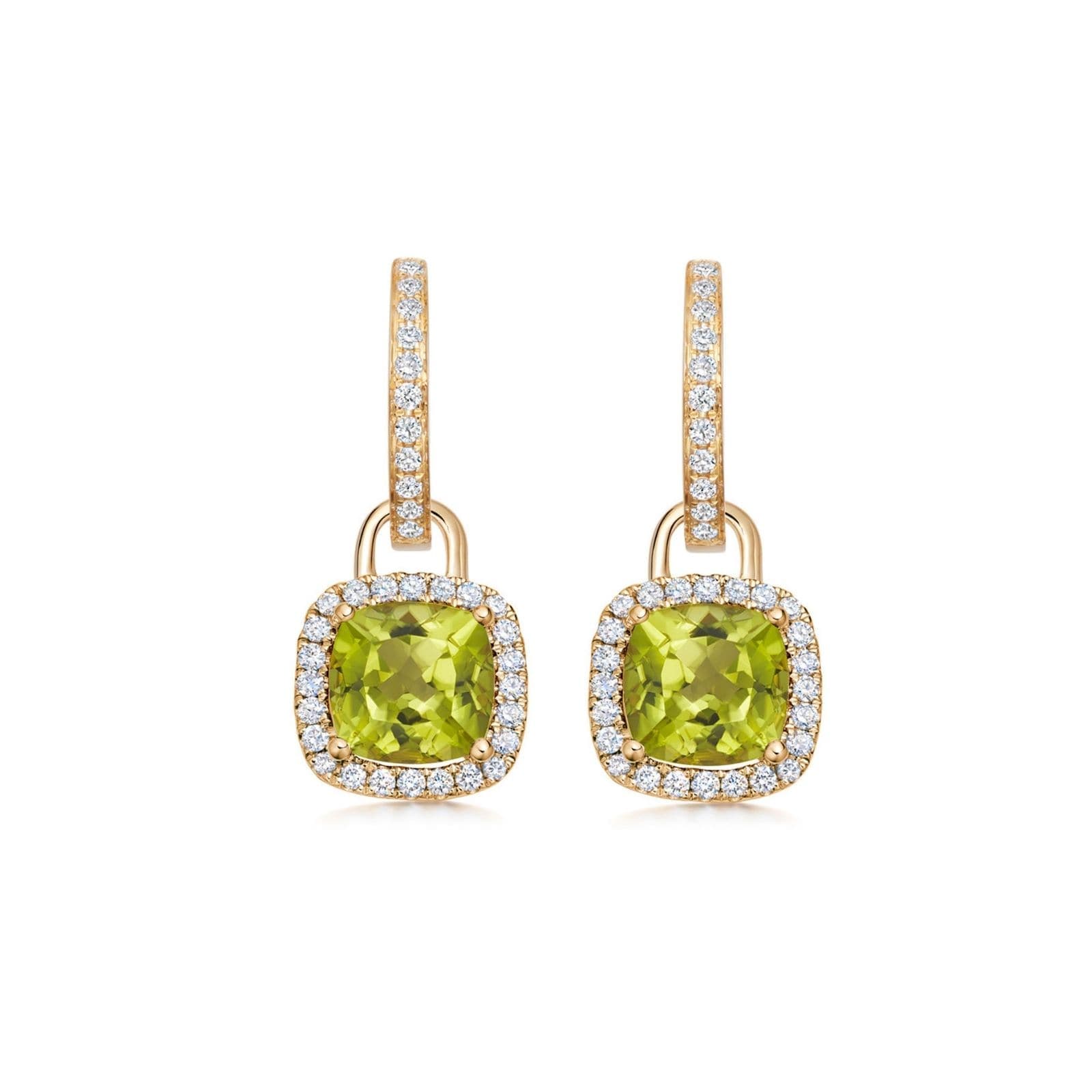 18ct Yellow Gold Mini Cushion Peridot & 0.32ct Diamond Drop Earrings