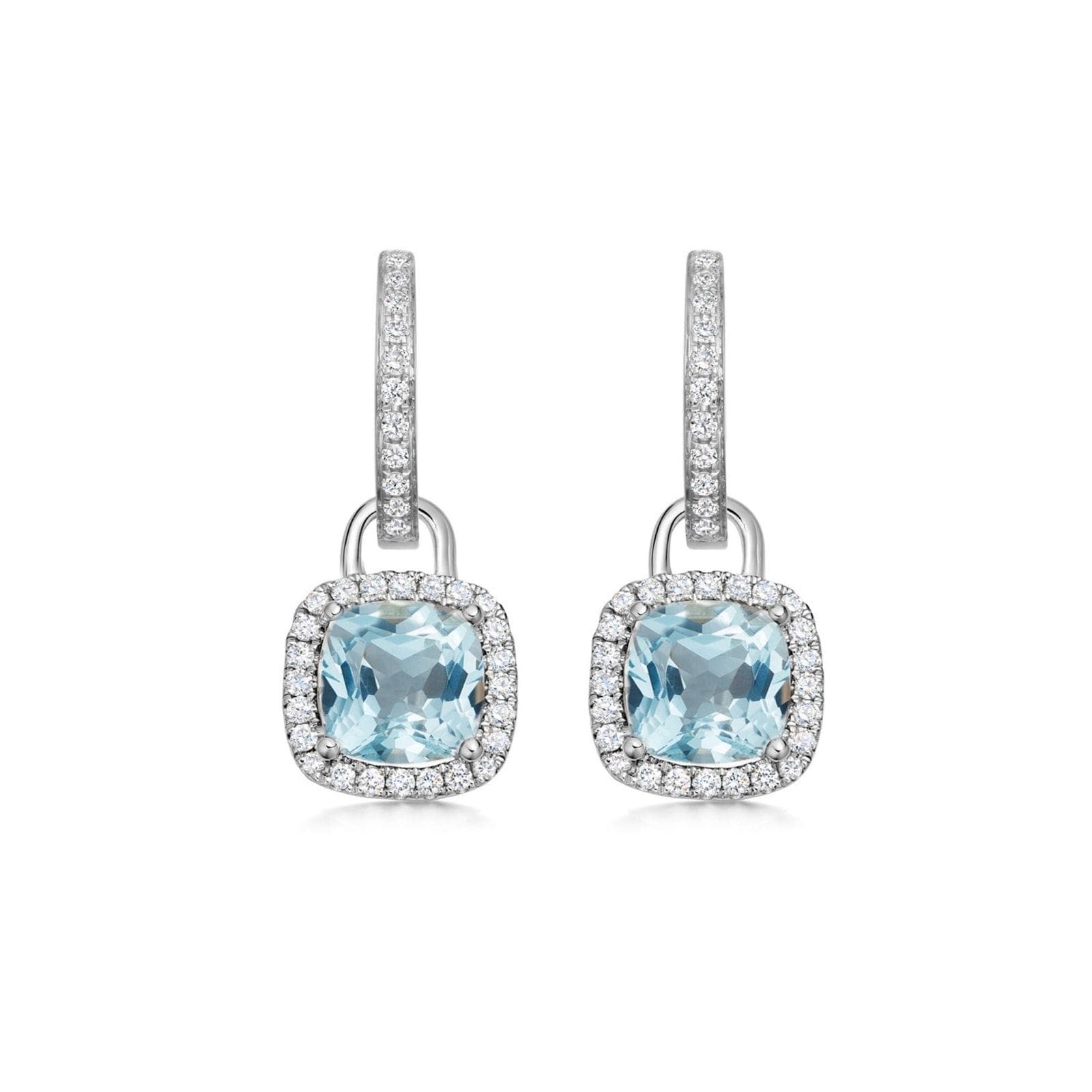 18ct White Gold Mini Cushion Blue Topaz & 0.32ct Diamond Drop Earrings