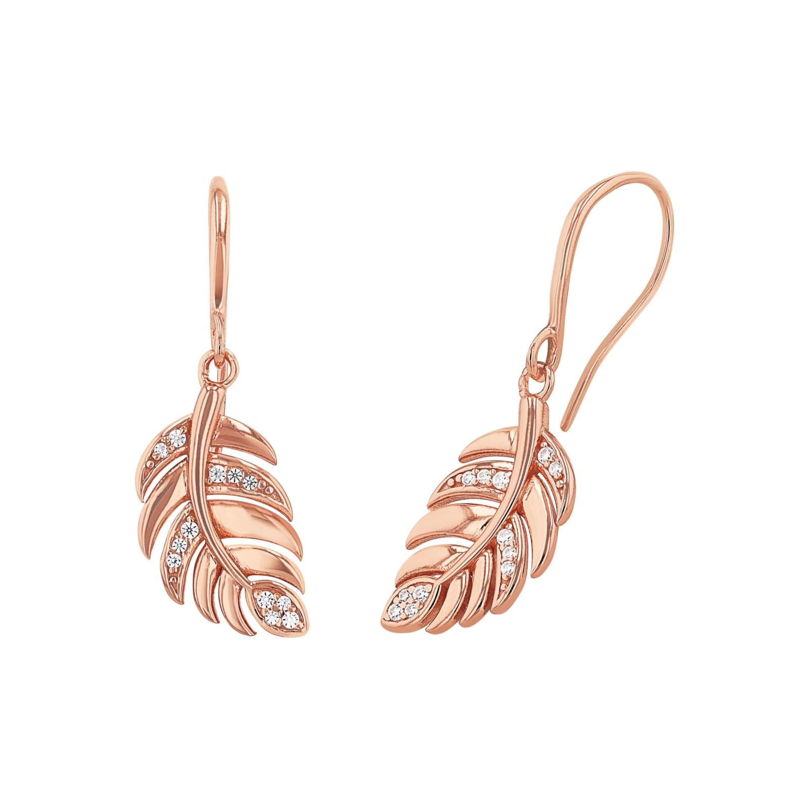 Rose Gold Coloured Sterling Silver Cubic Zirconia Leaf Drop Earrings