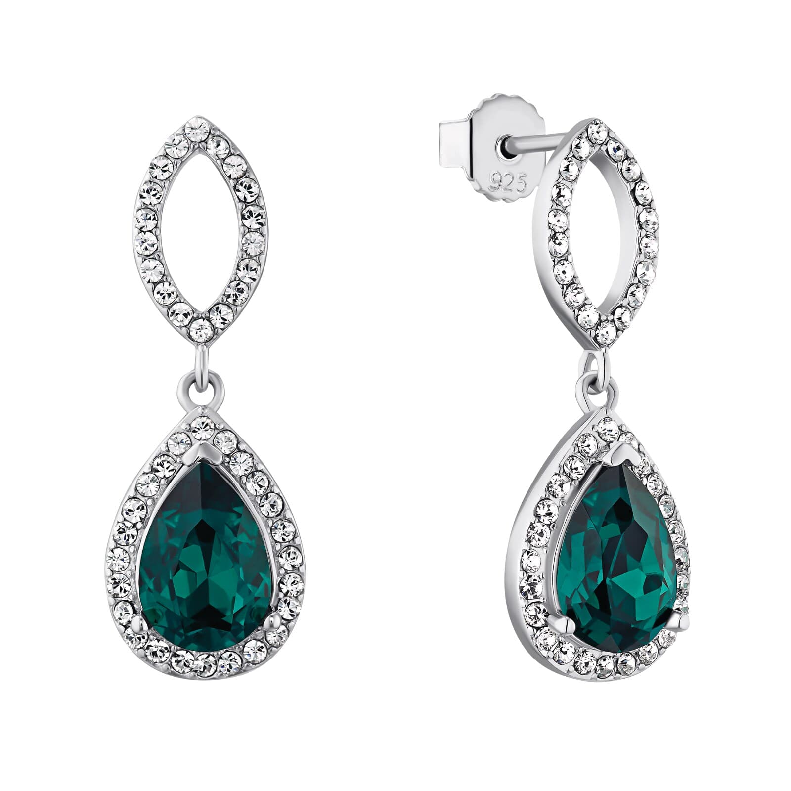 Silver Green Glass Stone Drop Earrings