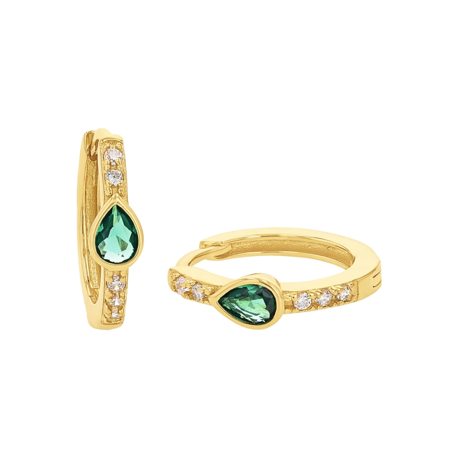 Yellow Gold Coloured Sterling Silver Green Glass Stone Hoop Earrings