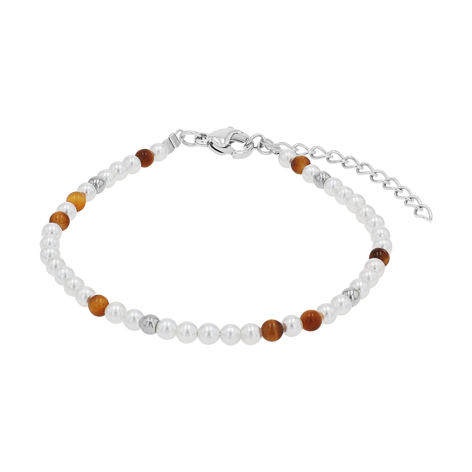 Stainless Steel Pearl & Tigers Eye Beaded Bracelet