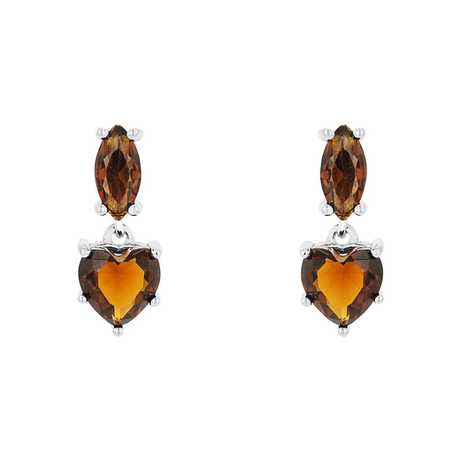 Sterling Silver Brown Glass Stone Heart Drop Earrings
