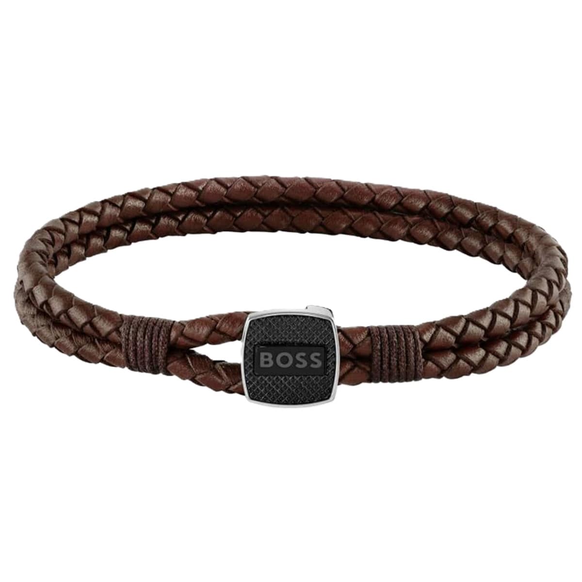 Gents BOSS Seal Brown Leather Braided Bracelet
