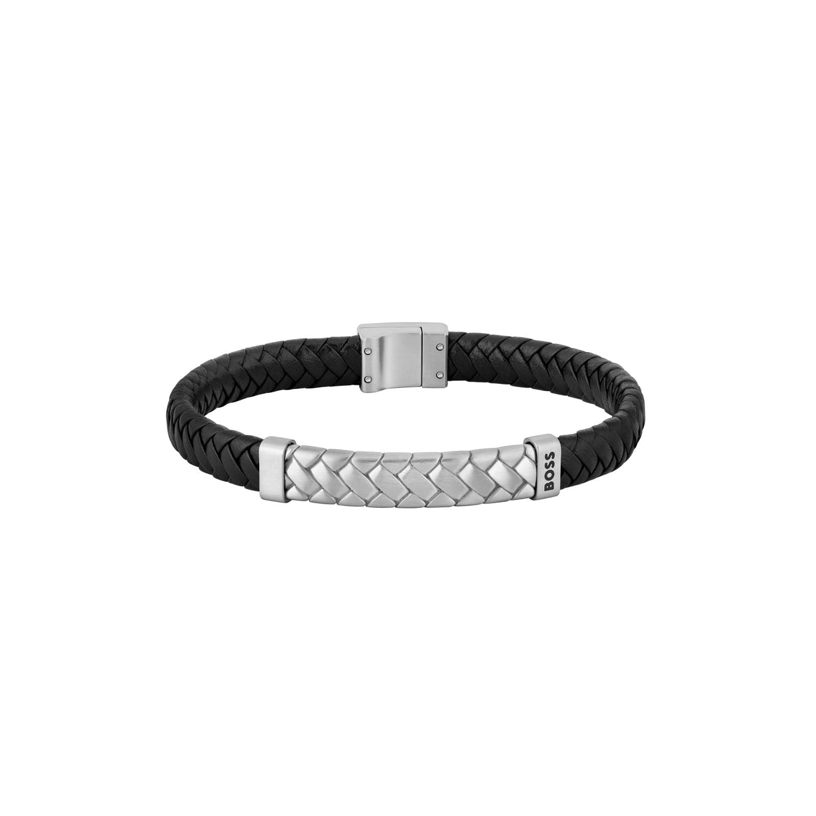 Gents BOSS Tailored Black Leather & Stainless Steel Herringbone Bracelet